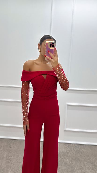 Boat Neck Sleeves Tulle Design Jumpsuit