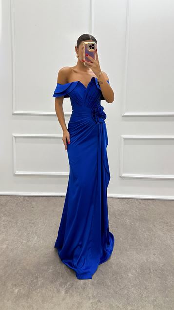 Saks Boat Neck Rose Detail Evening Dress