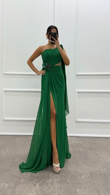 Shoulder And Waist Rose Detail Transparent Design Evening Dress