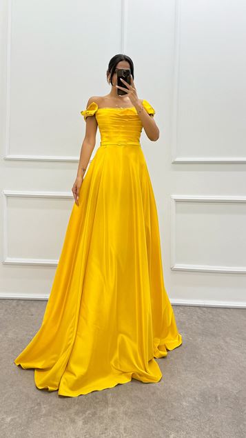 Shoulder Detailed Chest Stone Design Satin Evening Dress
