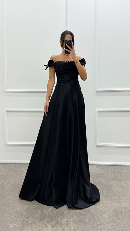 Shoulder Detailed Chest Stone Design Satin Evening Dress