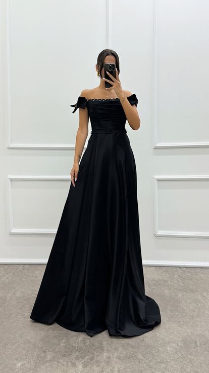 Shoulder Detailed Chest Stone Design Satin Evening Dress