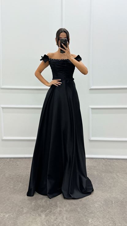 Shoulder Detailed Chest Stone Design Satin Evening Dress
