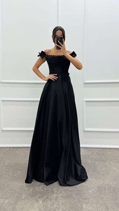 Shoulder Detailed Chest Stone Design Satin Evening Dress