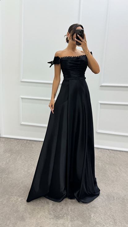Shoulder Detailed Chest Stone Design Satin Evening Dress