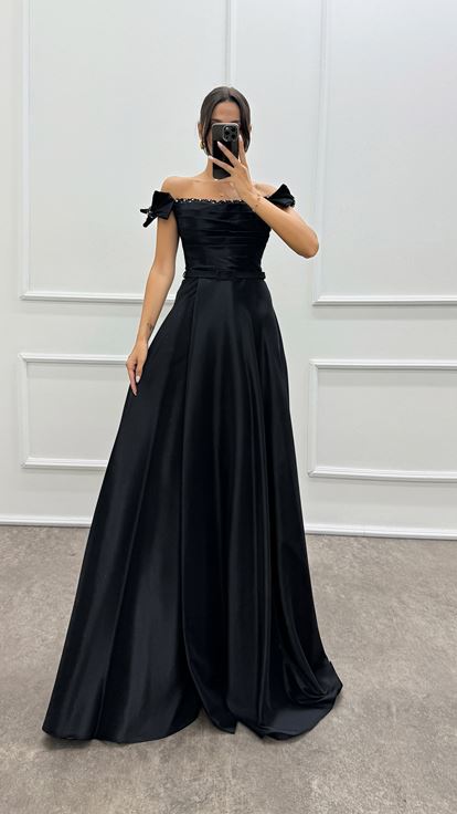 Shoulder Detailed Chest Stone Design Satin Evening Dress