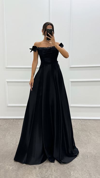 Shoulder Detailed Chest Stone Design Satin Evening Dress