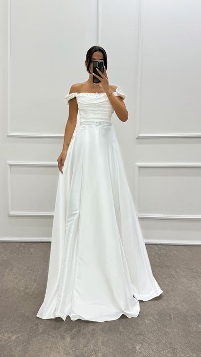 Shoulder Detailed Chest Stone Design Satin Evening Dress