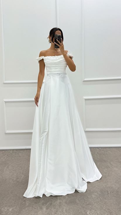 Shoulder Detailed Chest Stone Design Satin Evening Dress