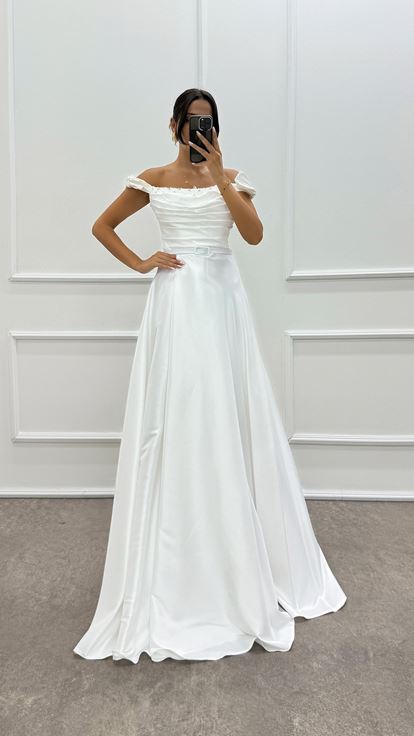 Shoulder Detailed Chest Stone Design Satin Evening Dress