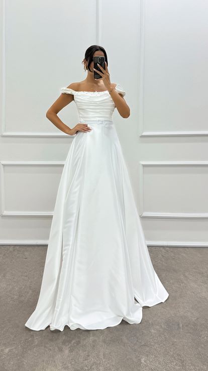 Shoulder Detailed Chest Stone Design Satin Evening Dress