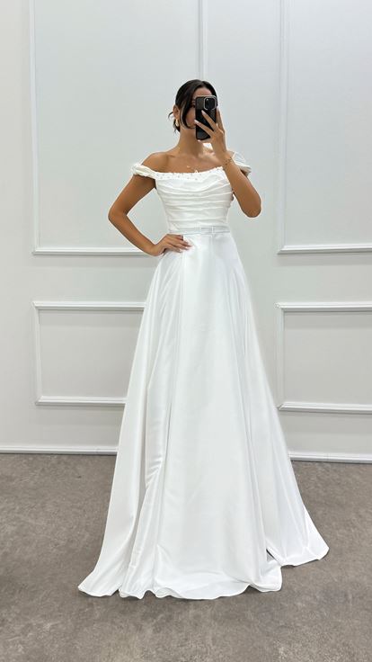 Shoulder Detailed Chest Stone Design Satin Evening Dress