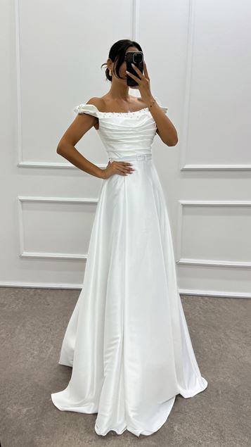 Shoulder Detailed Chest Stone Design Satin Evening Dress