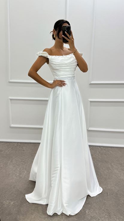 Shoulder Detailed Chest Stone Design Satin Evening Dress