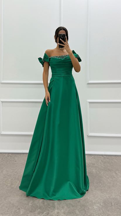 Shoulder Detailed Chest Stone Design Satin Evening Dress