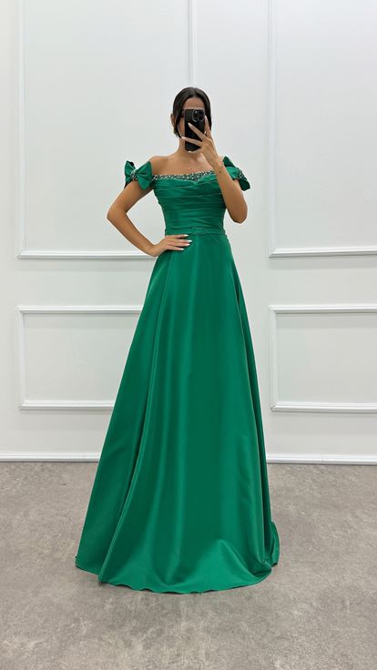 Shoulder Detailed Chest Stone Design Satin Evening Dress