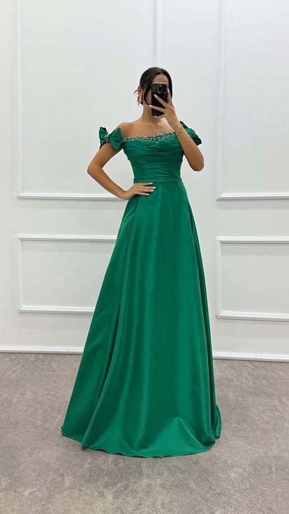 Shoulder Detailed Chest Stone Design Satin Evening Dress