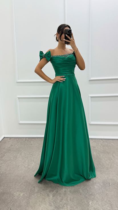 Shoulder Detailed Chest Stone Design Satin Evening Dress