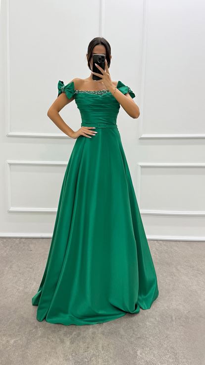 Shoulder Detailed Chest Stone Design Satin Evening Dress