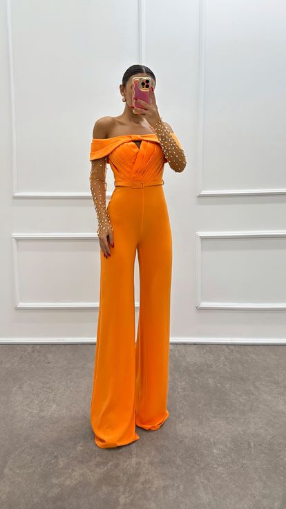 Orange Boat Neck Sleeves Tulle Design Jumpsuit