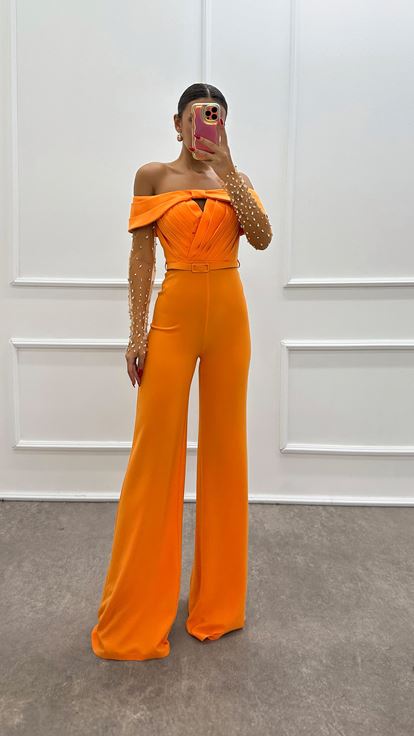 Orange Boat Neck Sleeves Tulle Design Jumpsuit