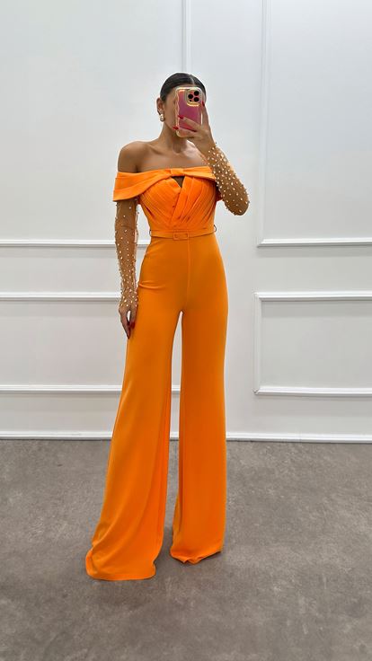 Orange Boat Neck Sleeves Tulle Design Jumpsuit