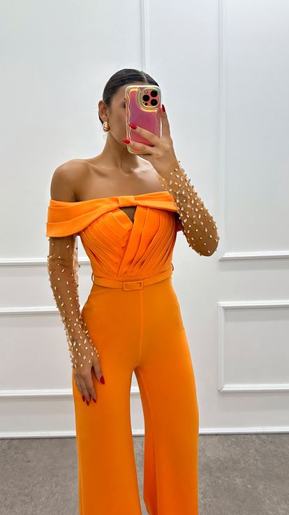 Orange Boat Neck Sleeves Tulle Design Jumpsuit