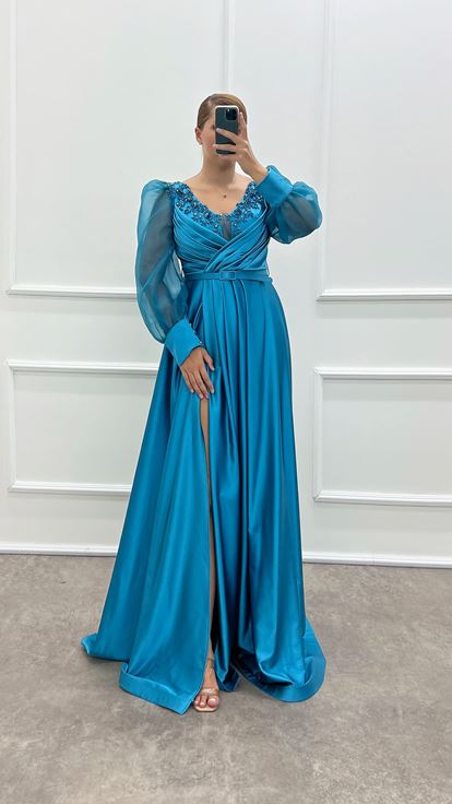 Turquoise Balloon Sleeve Chest Embroidered Design Satin Plus Size Evening Dress