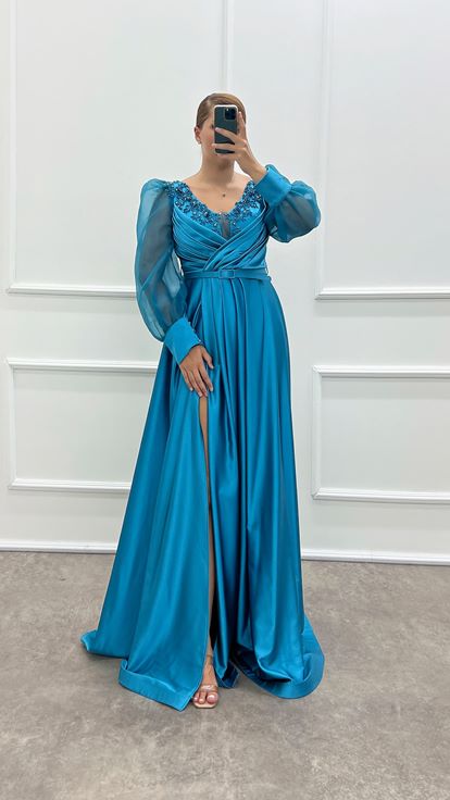 Turquoise Balloon Sleeve Chest Embroidered Design Satin Plus Size Evening Dress
