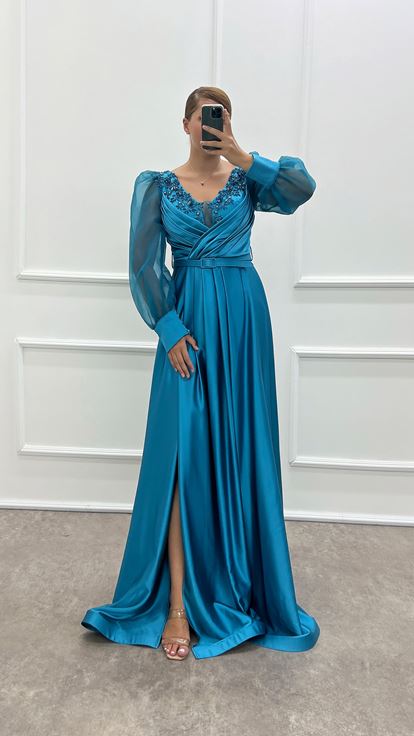 Turquoise Balloon Sleeve Chest Embroidered Design Satin Plus Size Evening Dress