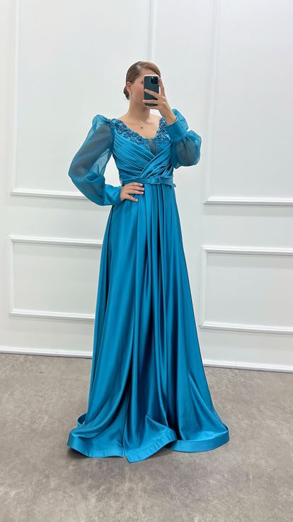 Turquoise Balloon Sleeve Chest Embroidered Design Satin Plus Size Evening Dress