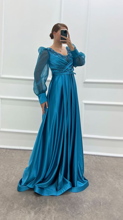 Turquoise Balloon Sleeve Chest Embroidered Design Satin Plus Size Evening Dress