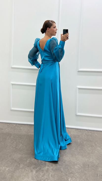 Turquoise Balloon Sleeve Chest Embroidered Design Satin Plus Size Evening Dress