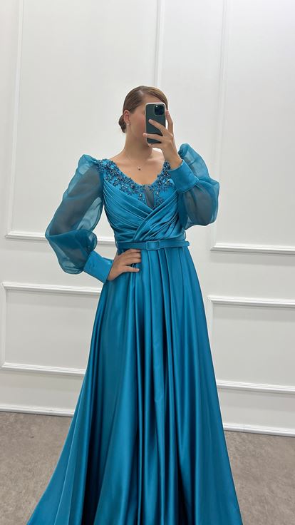 Turquoise Balloon Sleeve Chest Embroidered Design Satin Plus Size Evening Dress