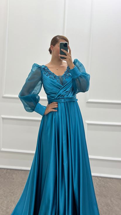 Turquoise Balloon Sleeve Chest Embroidered Design Satin Plus Size Evening Dress