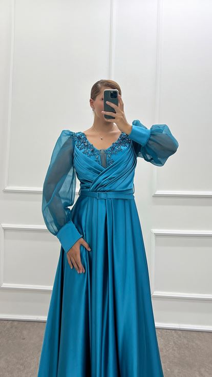 Turquoise Balloon Sleeve Chest Embroidered Design Satin Plus Size Evening Dress
