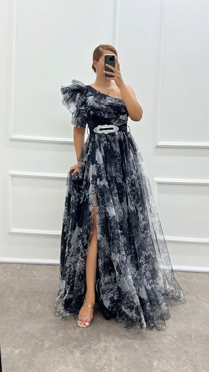 Black One Shoulder Patterned Plus Size Design Tulle Dress