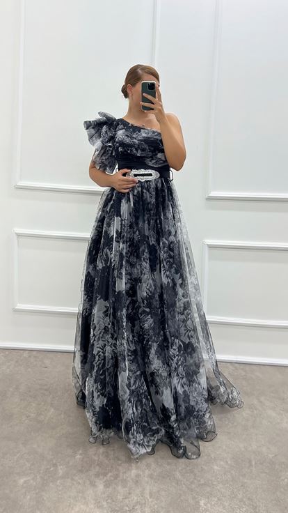 Black One Shoulder Patterned Plus Size Design Tulle Dress