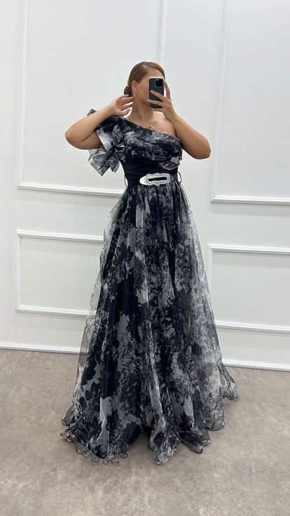 Black One Shoulder Patterned Plus Size Design Tulle Dress