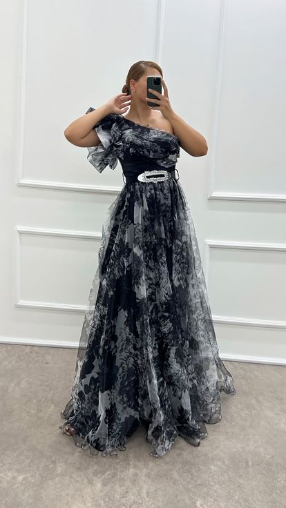 Black One Shoulder Patterned Plus Size Design Tulle Dress