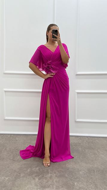 Fuchsia V-Neck Rose Detail Plus Size Evening Dress