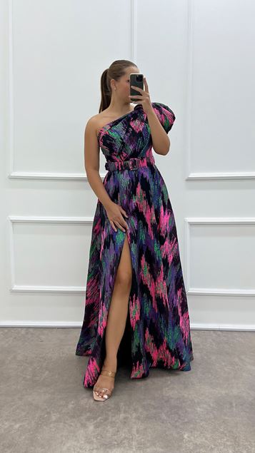Fuchsia One-Shoulder Belted Plus Size Evening Dress