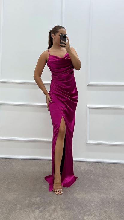 Fuchsia Rope Strap Back Detail Plus Size Evening Dress