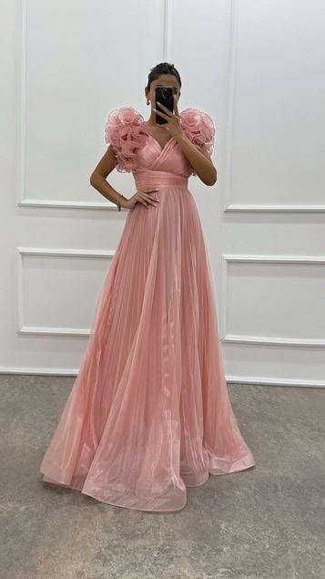 Powder V-Neck Shoulder Rose Detal Pleated Evening Dress