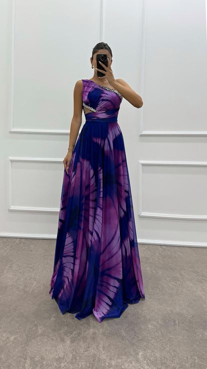 Saks Tek Omuz Beli Transparan İşleme Detay Abiye Elbise