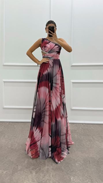 Powder One Shoulder Waist Transparent Embroidery Detail Evening Dress