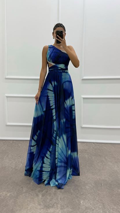 Saks One Shoulder Waist Transparent Embroidery Detail Evening Dress