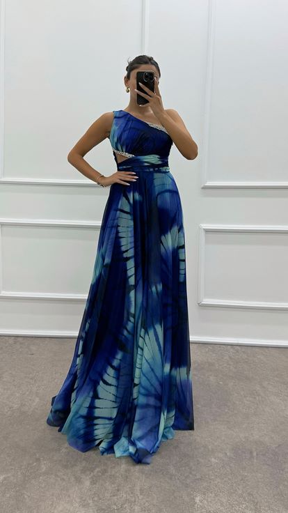 Saks One Shoulder Waist Transparent Embroidery Detail Evening Dress