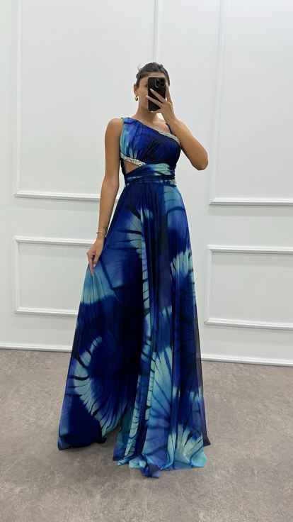 Saks One Shoulder Waist Transparent Embroidery Detail Evening Dress