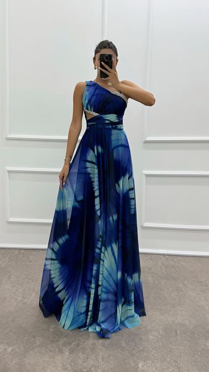 Saks One Shoulder Waist Transparent Embroidery Detail Evening Dress